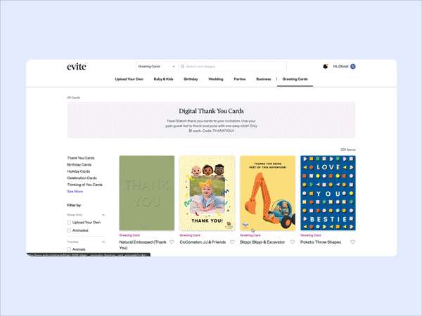 A gif showing the process of creating and customizing a thank you card with Evite.