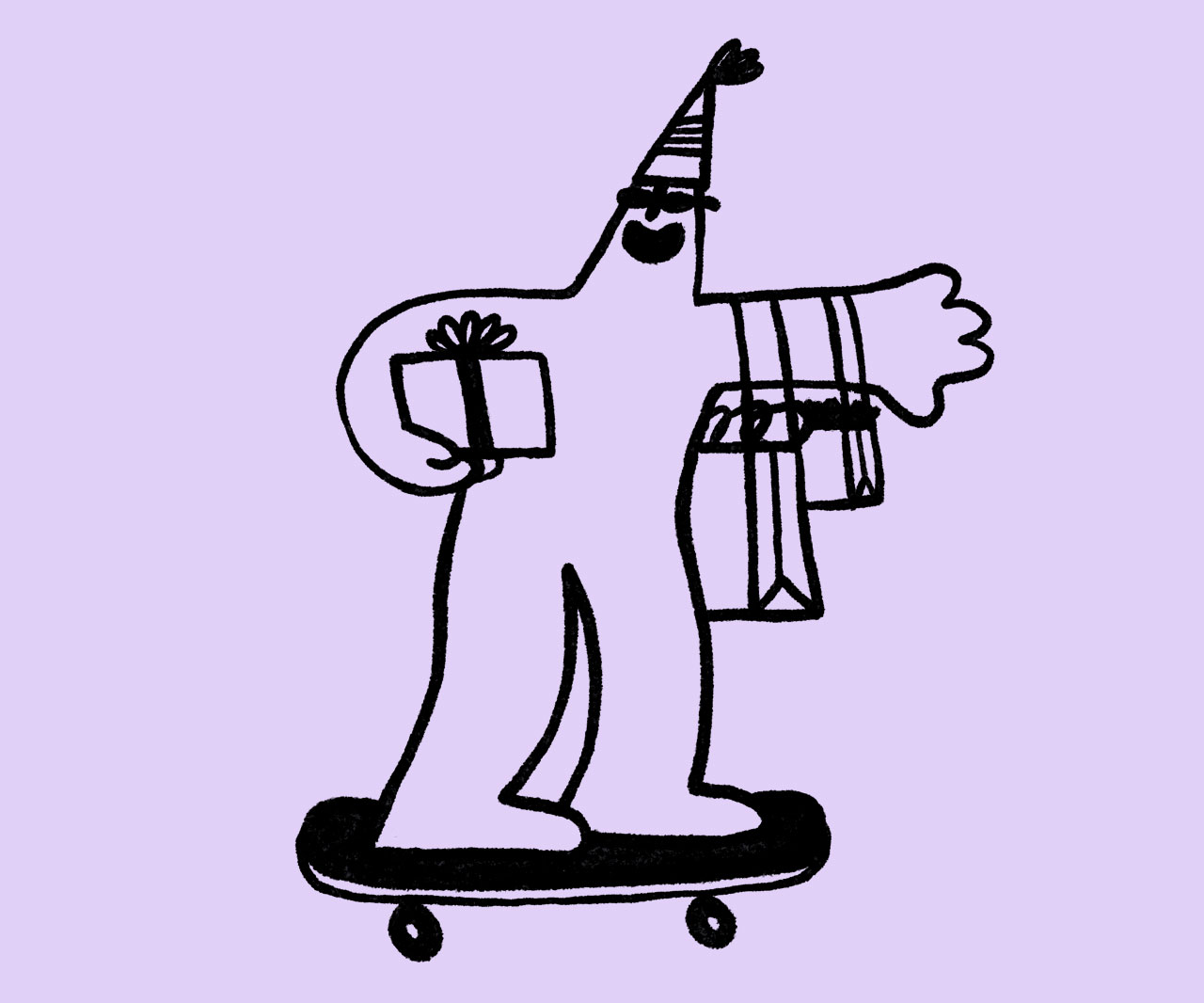 Illustration of person on a skateboard holding gifts.