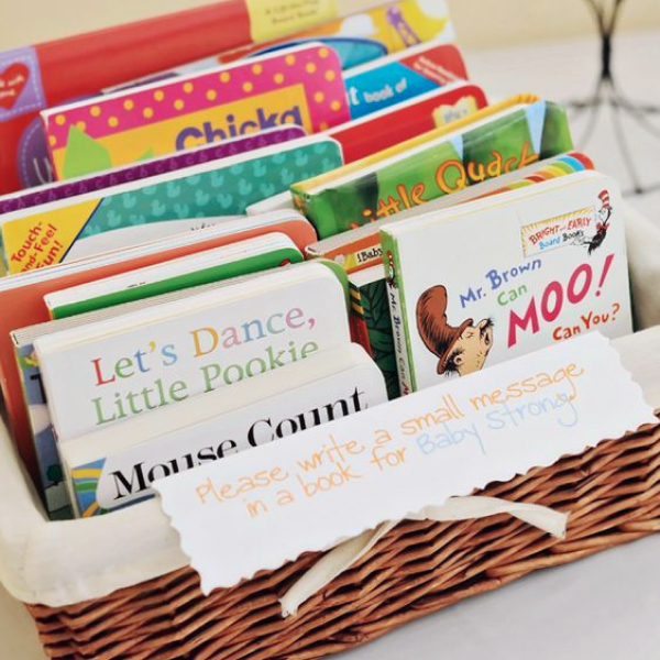 A basket full of children's books.