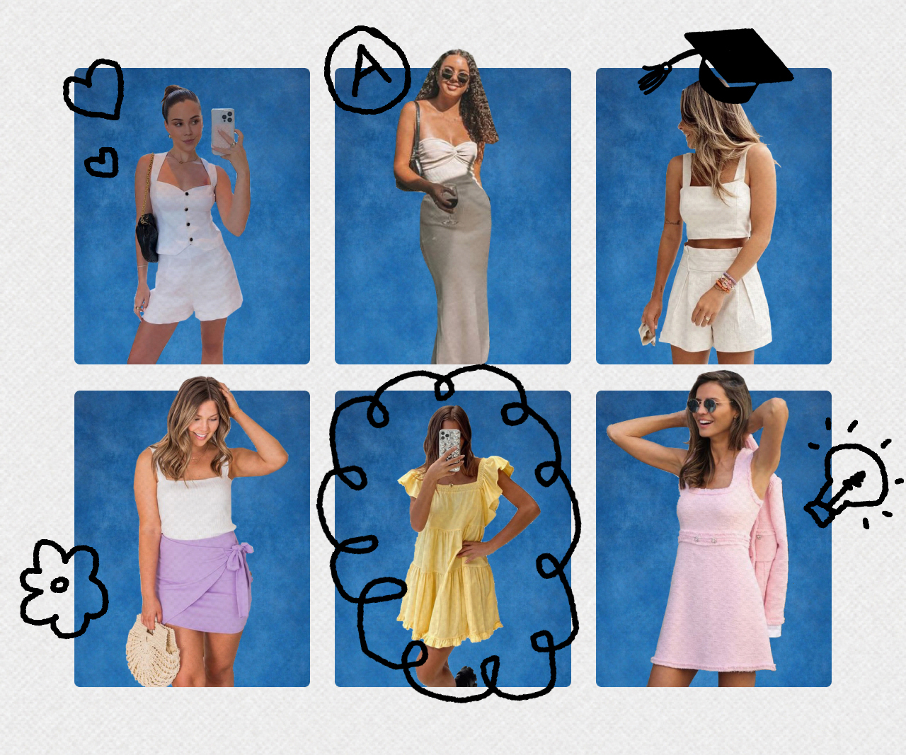 Yearbook-style collage of high school graduation outfits with doodles on it.