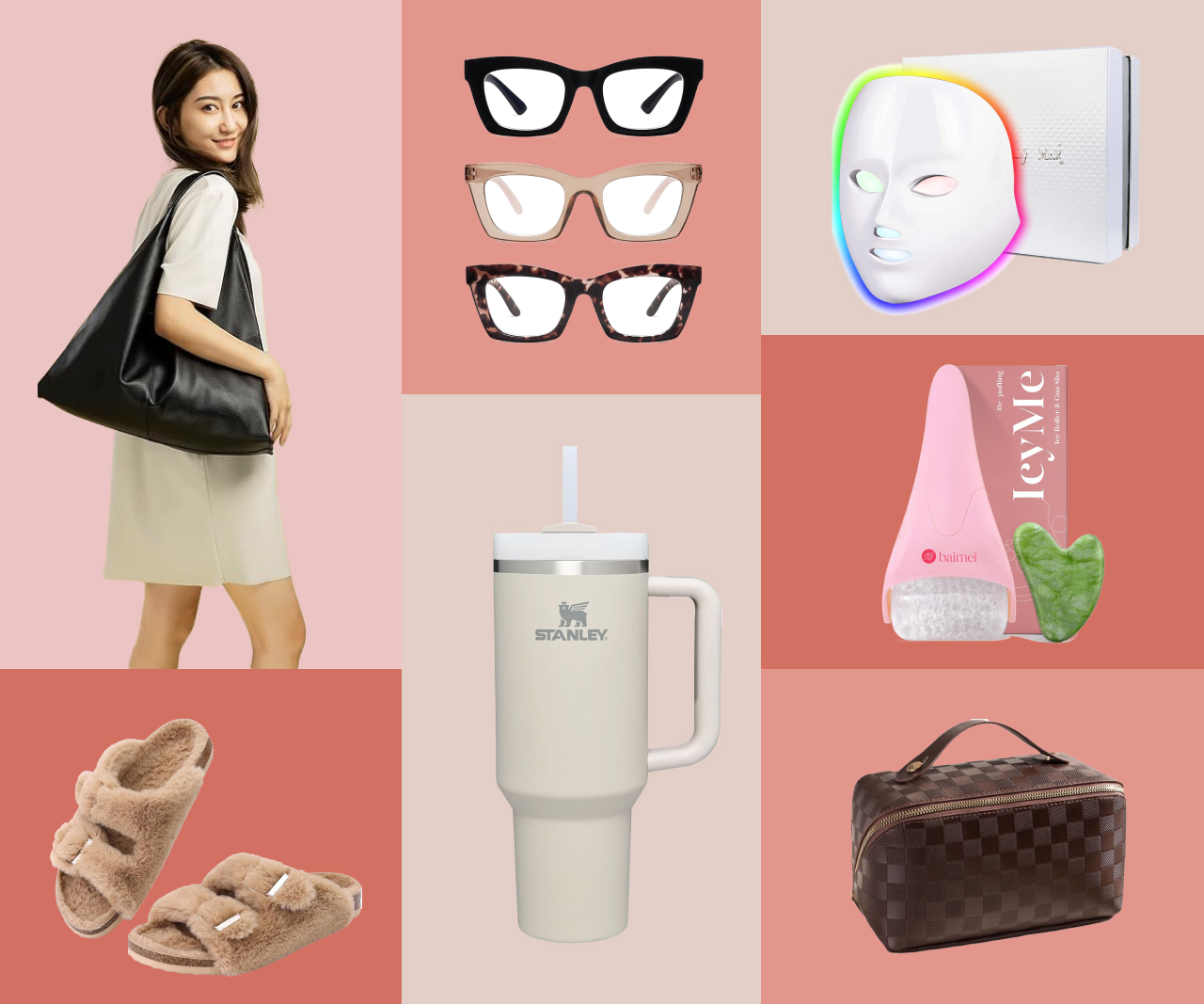 A collage of gifts including a water bottle, slippers, glasses and more.