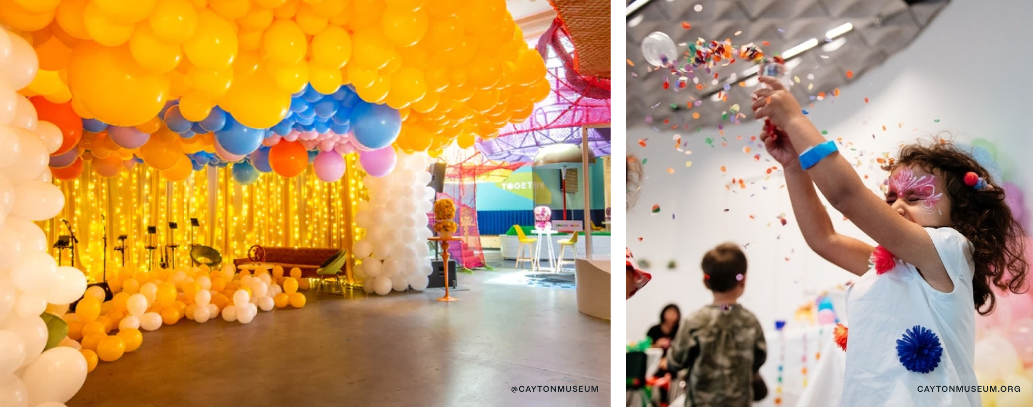 Party venue full of balloons on the left and a kid throwing confetti on the right.