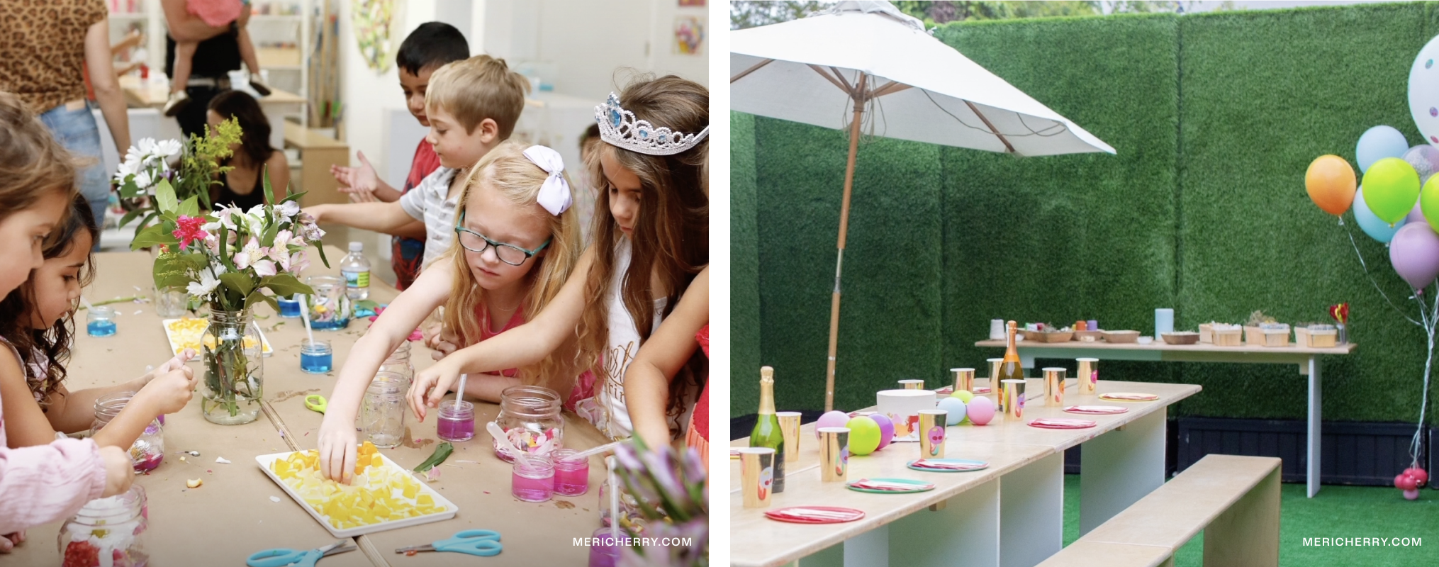 Kids crafting on the left and a set party table on the right.