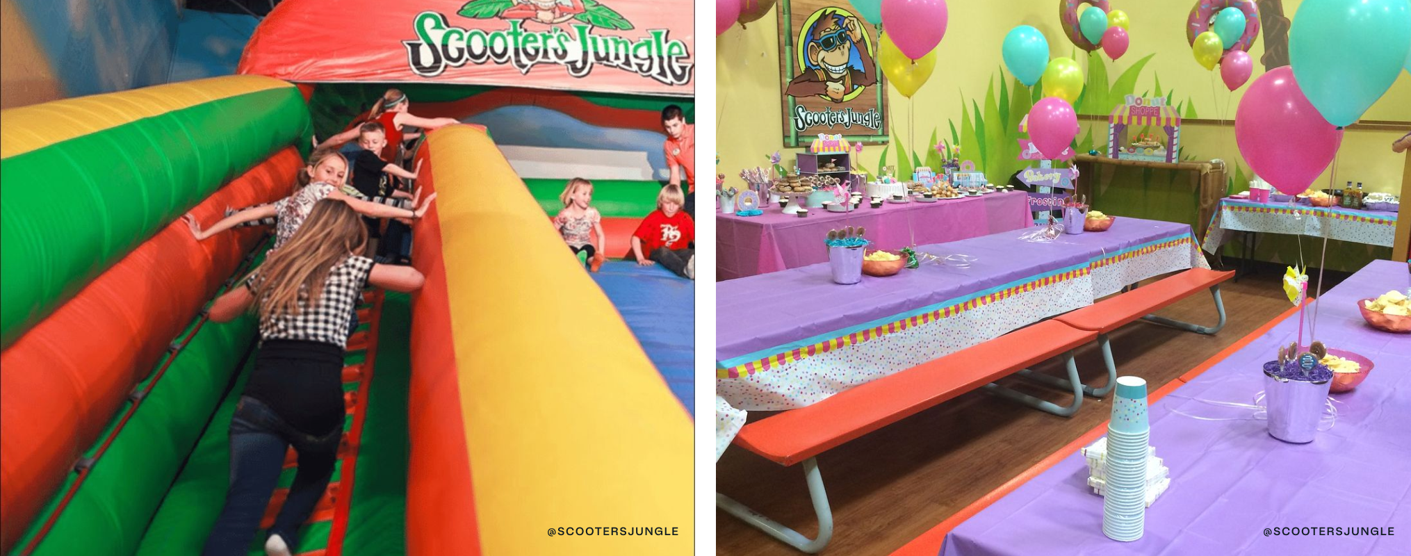 Kids climbing an inflatable slide on the left and a room set up for a donut-themed party on the right.