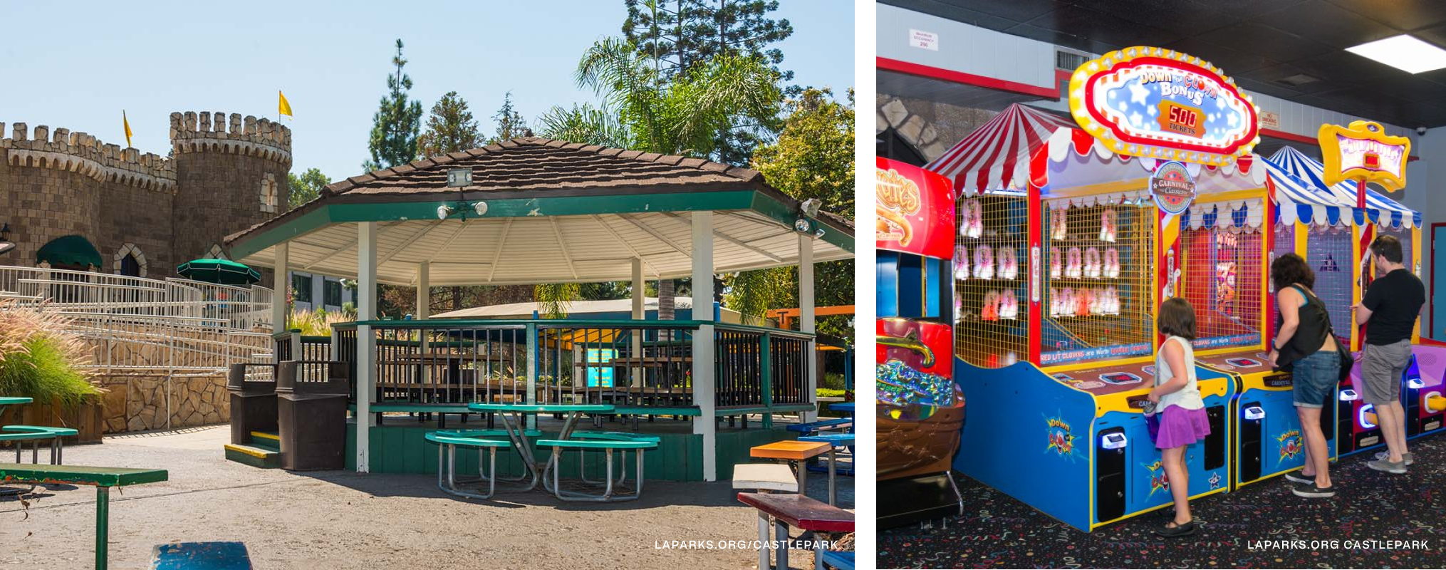 A veranda on the left and people playing carnival games on the right.