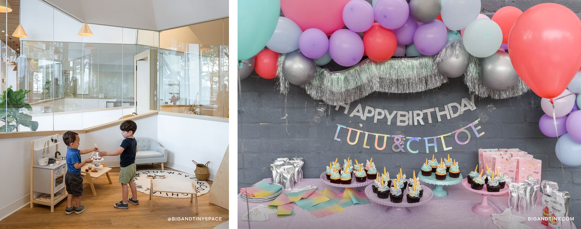 On left, kids playing in a miniature kitchen. On right, a table with cupcakes.