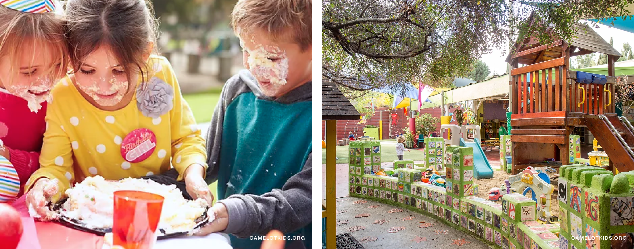 On left, kids with cake on their faces. On right, a play structure.