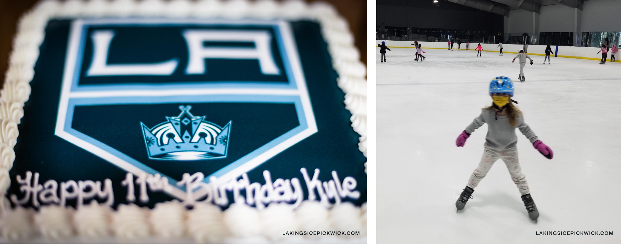 An LA Kings-themed birthday cake and a kid ice skating.