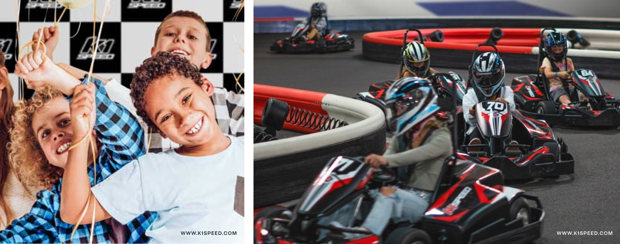 Kids holding balloons and kids kart racing.