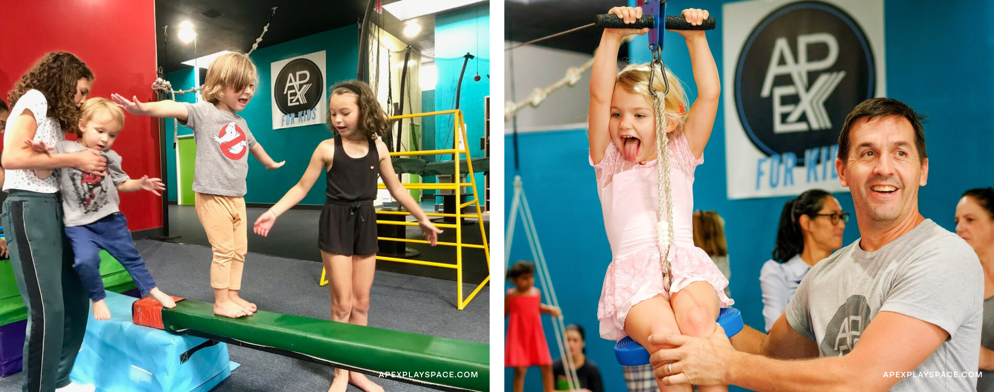 Kids on a balancing beam and a little girl holding a zipline.