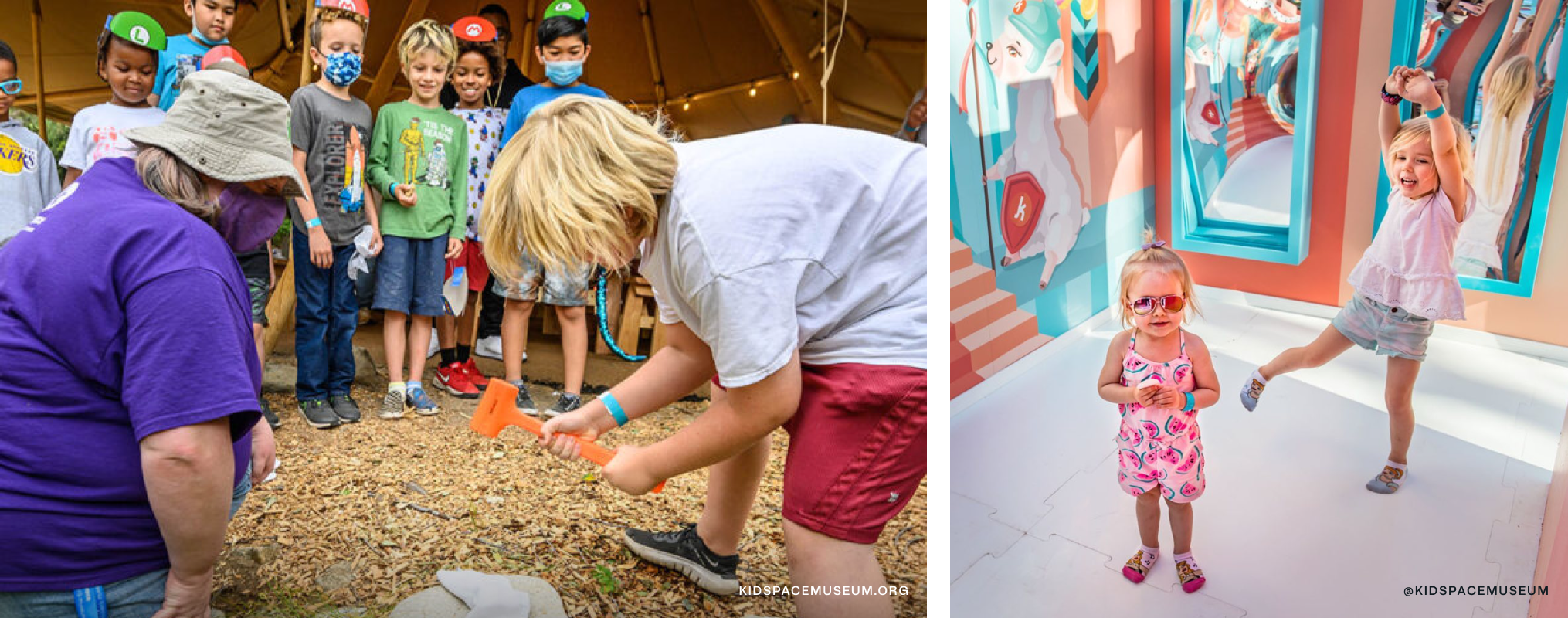 Kids using play building tools and kids dancing.