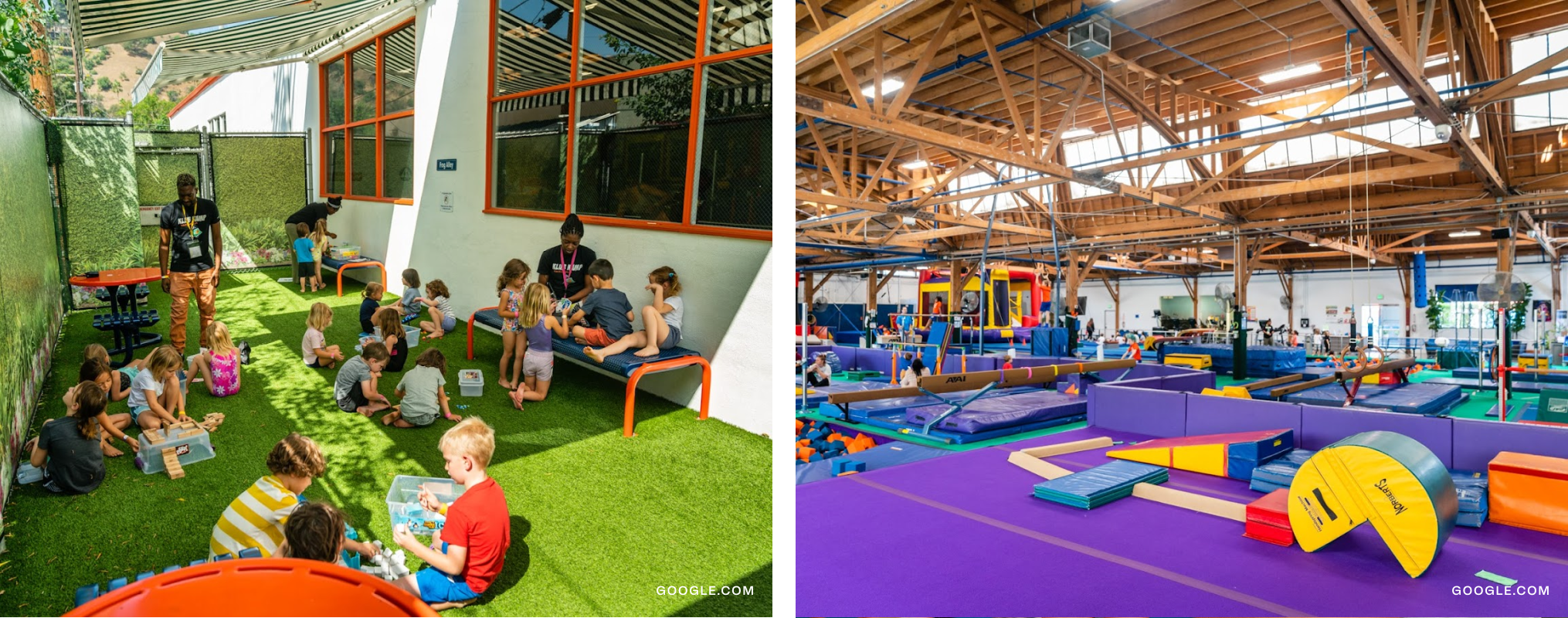 On left, kids playing with blocks. On right, an image of a gymnastics gym.