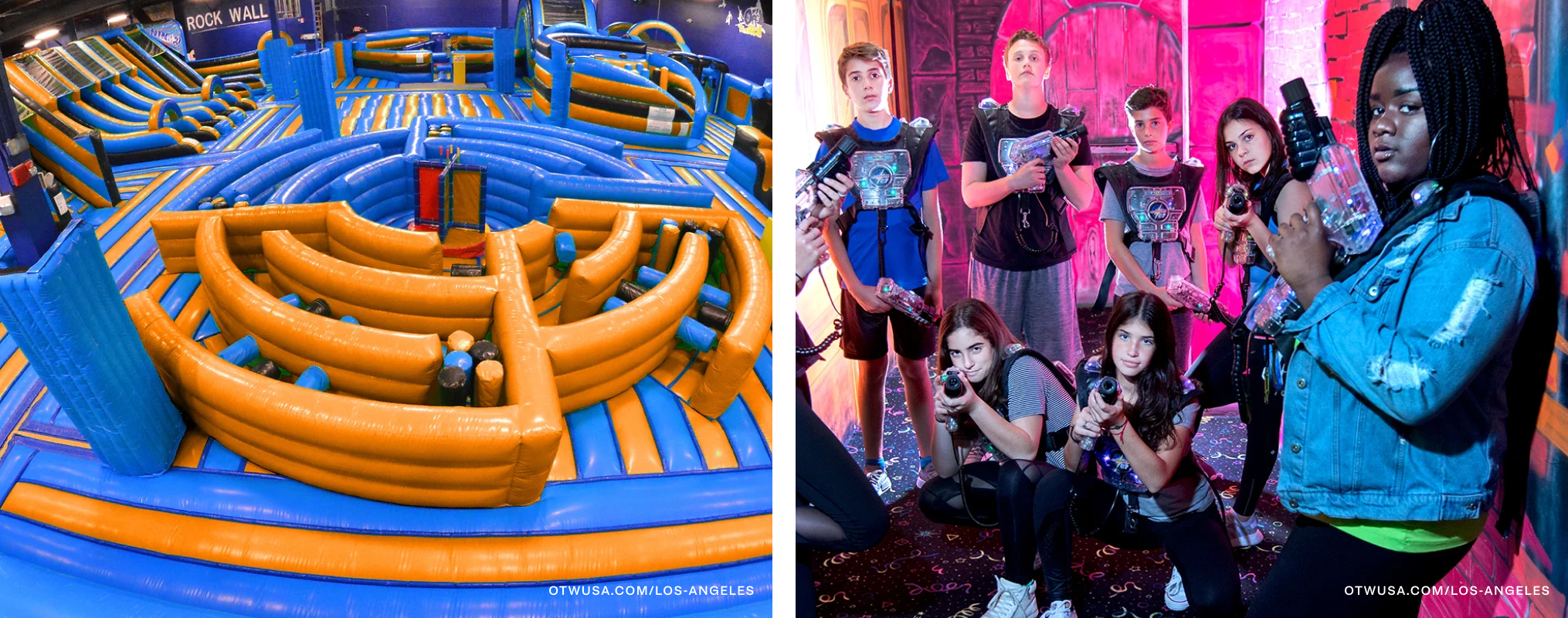 On left, a soft play obstacle course. On right, kids playing laser tag.