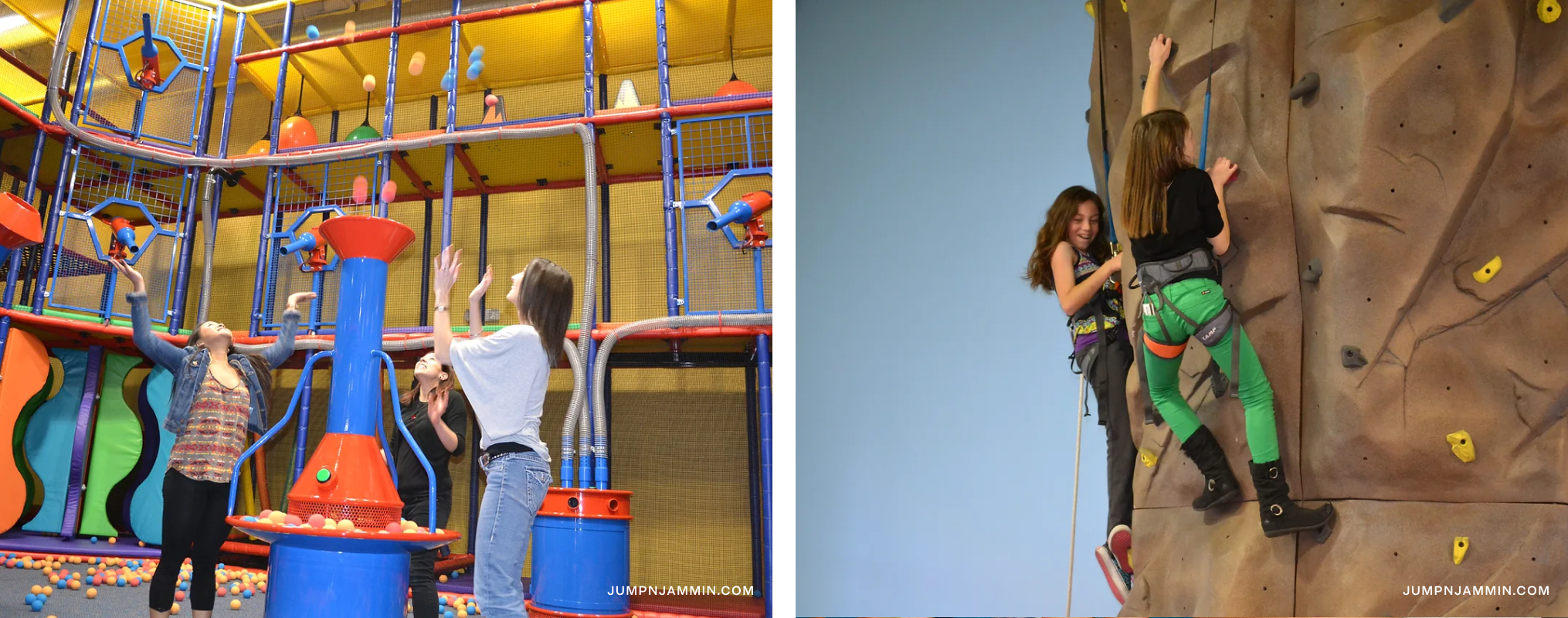 On left, kids trying to catch balls. On right, kids rock climbing.,