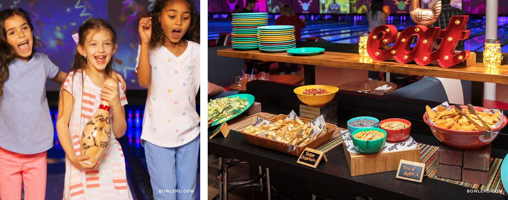 On left, kids holding a bowling pin. On right, a snack table.