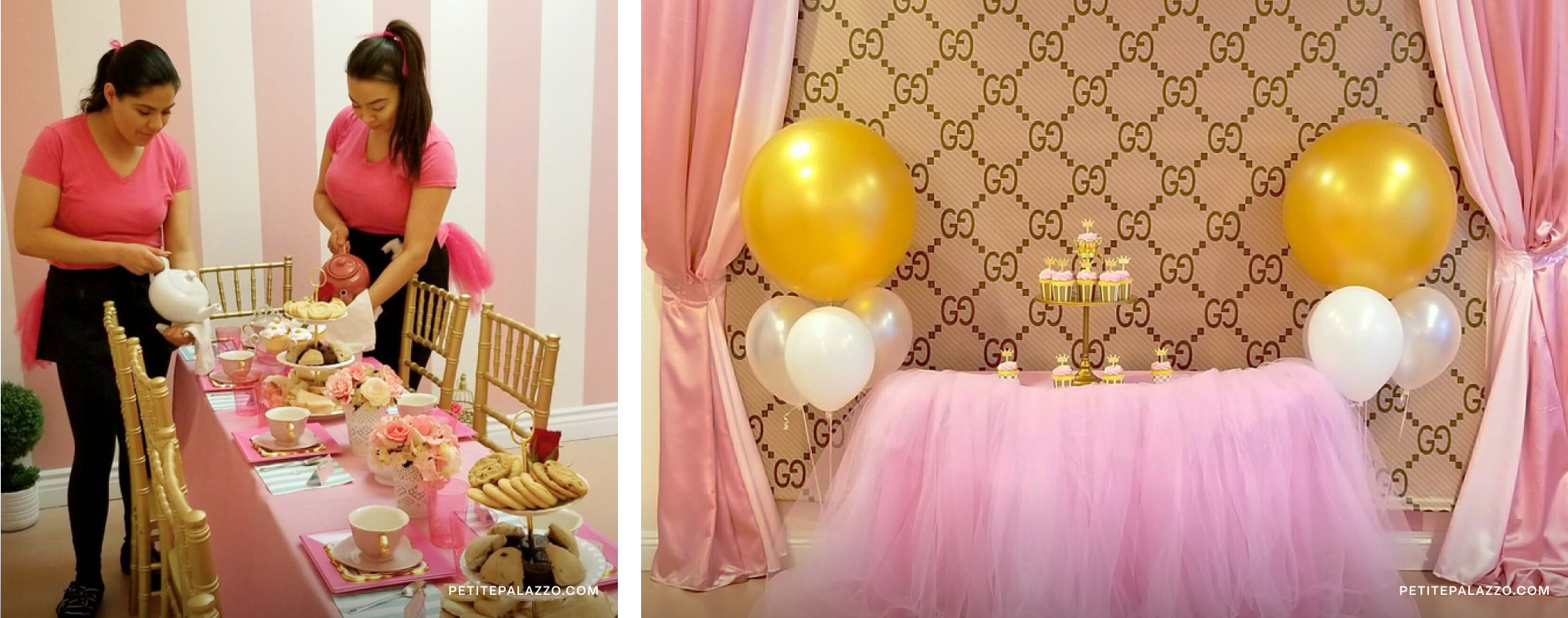 On left, two women pouring tea at a table set for a tea party. On right, a table with cupcakes.