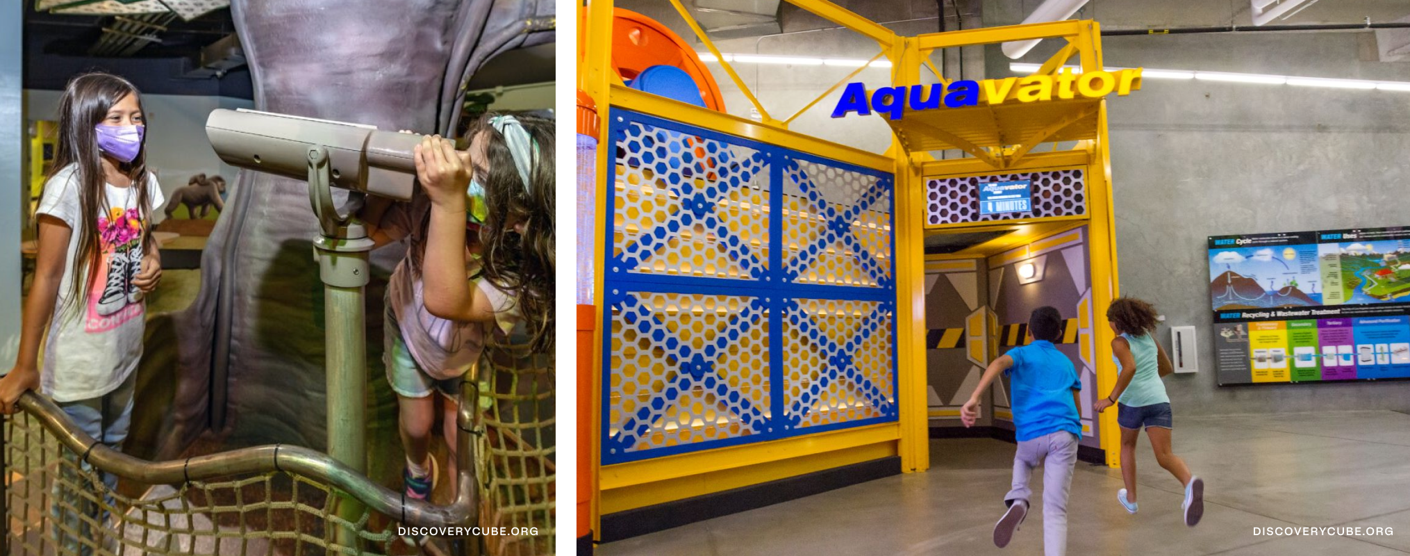 On left, a girl looks through a telescope to another girl. On right, two kids running into a structure with a sign that says "Aquavator."