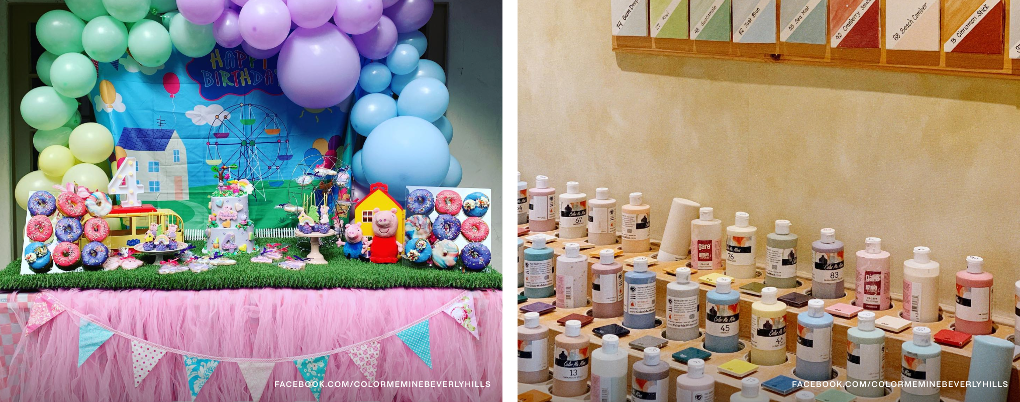 On left, a dessert table with Peppa Pig decor. On right, paint bottles.