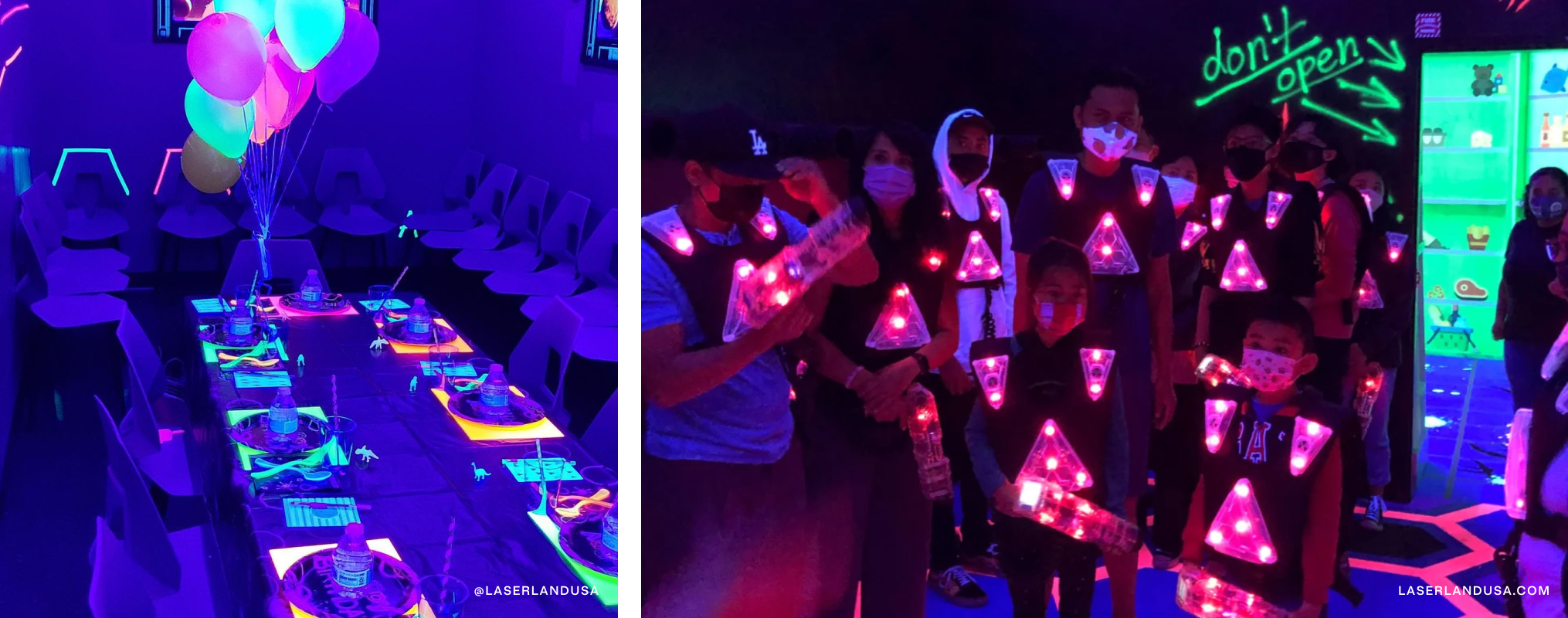 On left, a table set with neon-themed party decor. On right, kids playing laser tag.