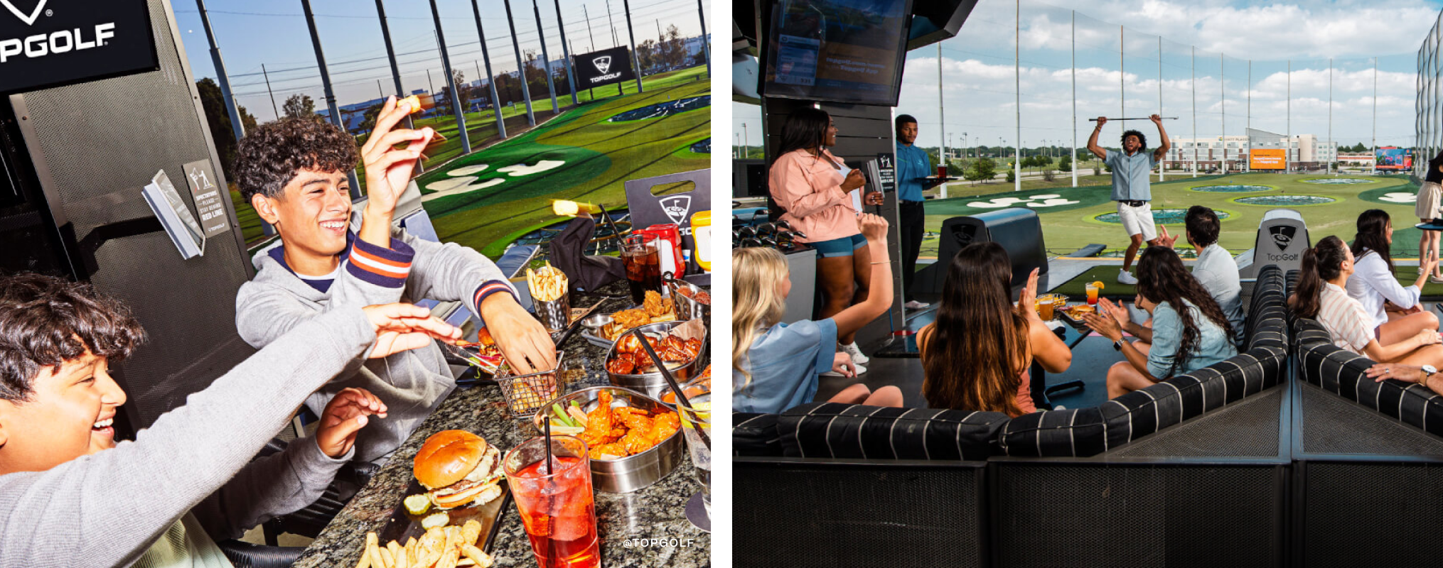 Two images of people having a party at Topgolf.