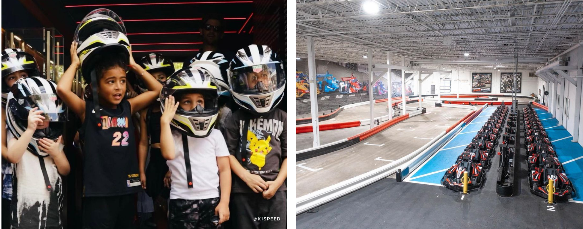 On left, kids wearing go-karting helmets. On right, an indoor go-karting course.