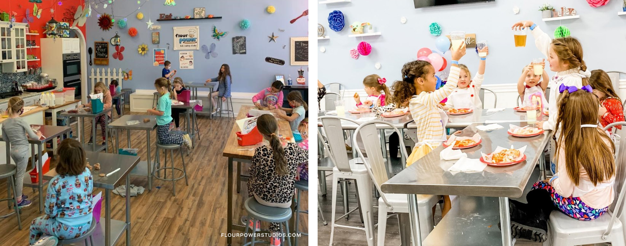 On left, kids cooking at work stations. On right, kids raising glasses of juice at a big table.