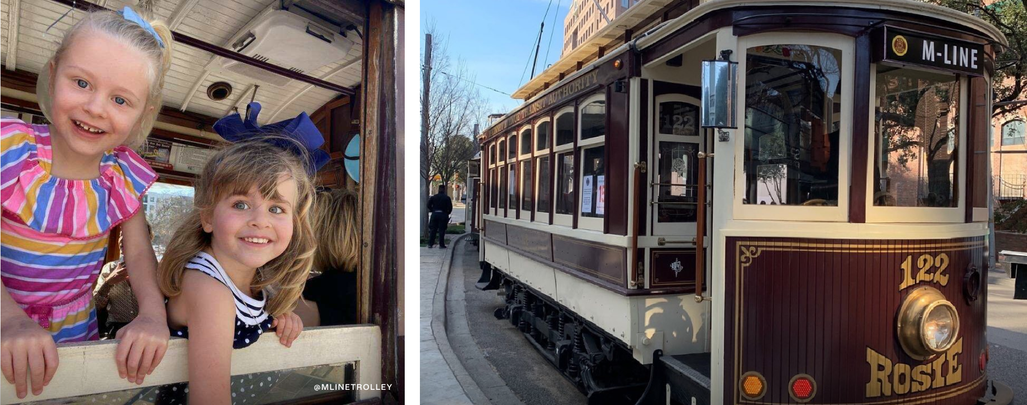 On left, two girls lean out of the trolley window and smile. On right, a picture of the M-line trolley.