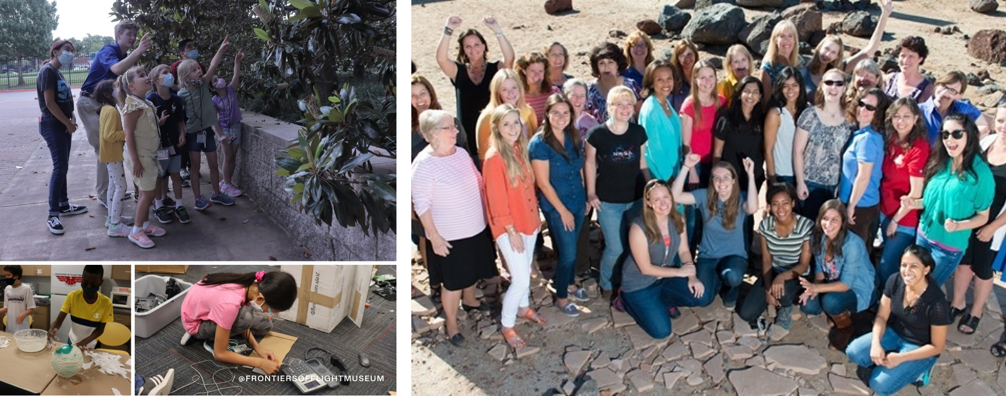 Multiple images of kids doing science-focused activities and a larger image of lots of people smiling for a group photo at the beach.