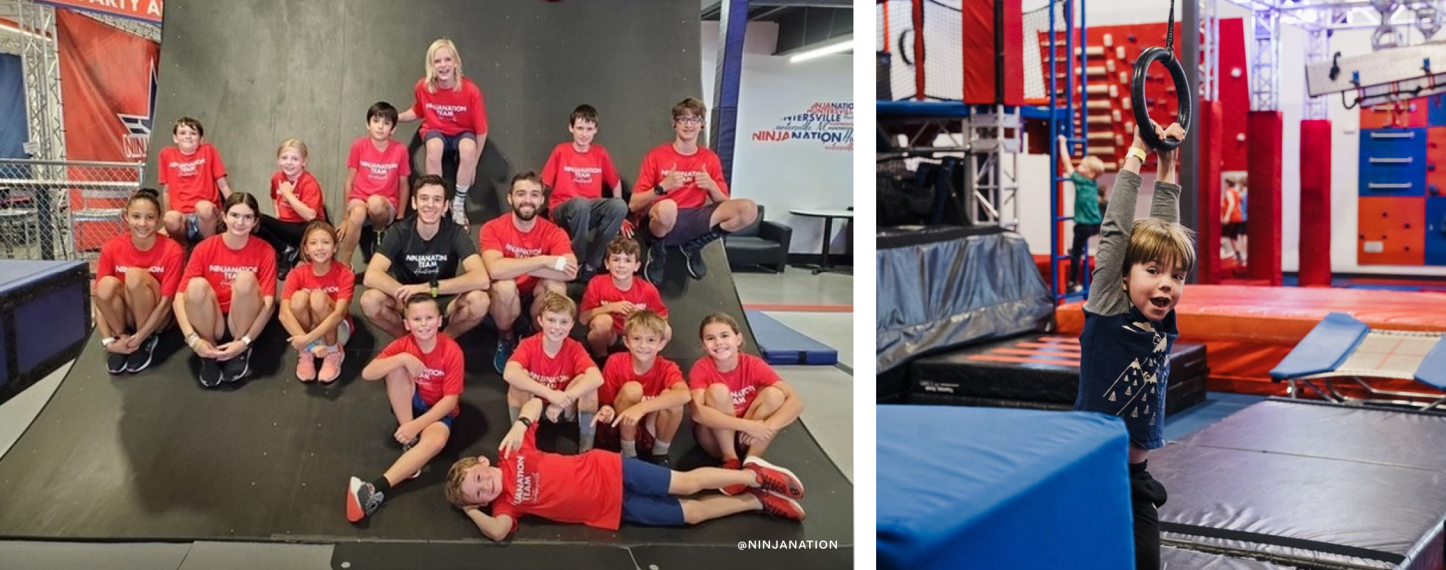 On left, a group of kids sitting on a warped wall for a group photo. On right, a kids hanging from a gymnastics ring.