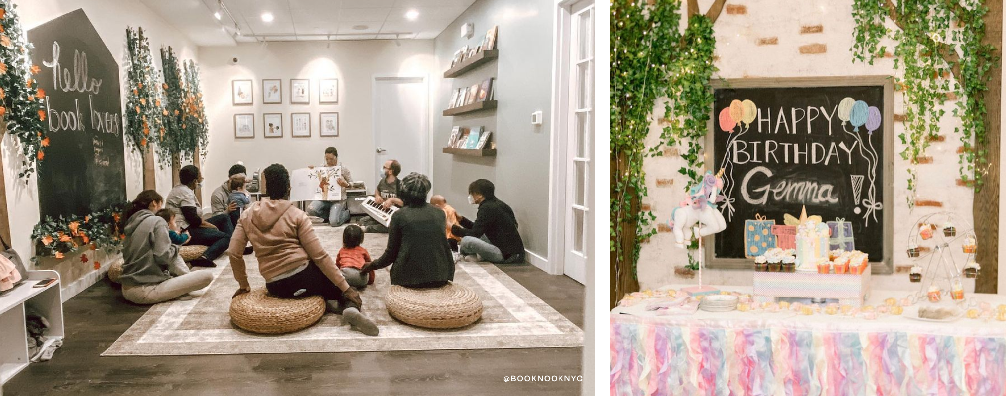 On the left, kids and parents sitting in a circle as a person reads a storybook. On right, a dessert table.