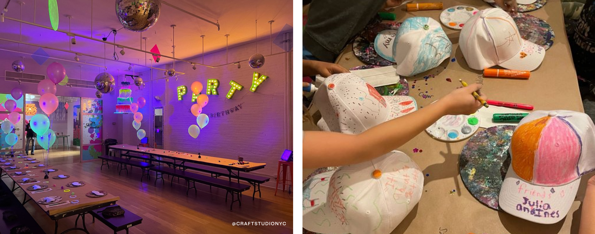 On left, a room with tables decorated with neon balloons and crafting supplies. On the right, a kid decorating a hat.