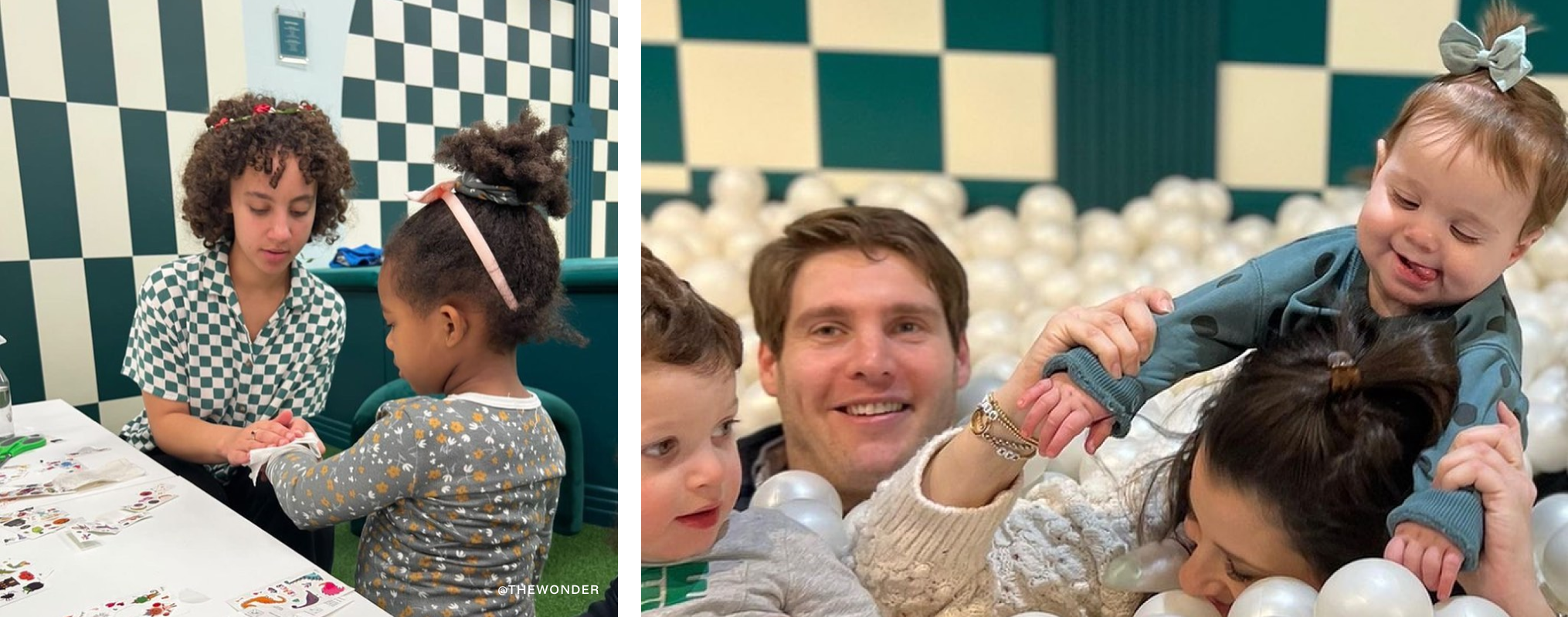 On left, an older girl gives a younger girl a temporary tattoo. On the right, parents play with kids in a ball pit.