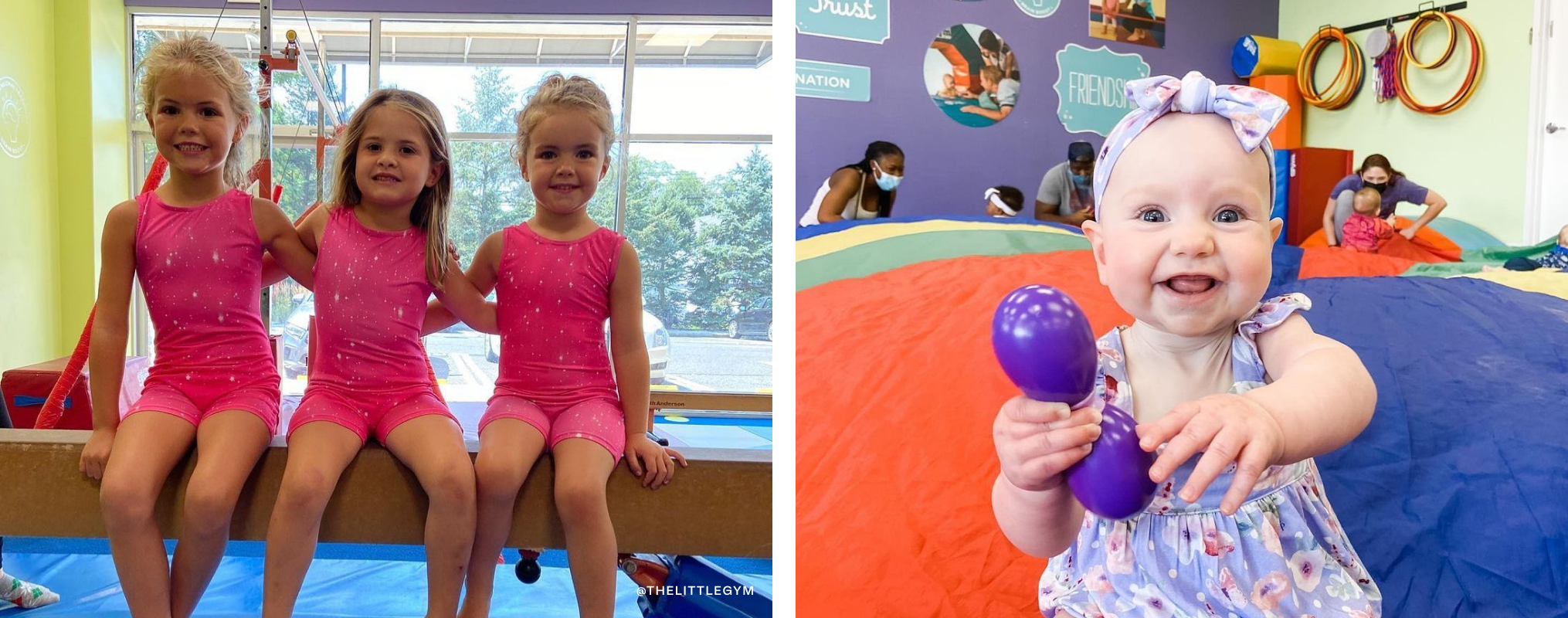 On left, three girls in matching unitards sitting on a balance beam. On right, a baby holding a shaker and smiling.