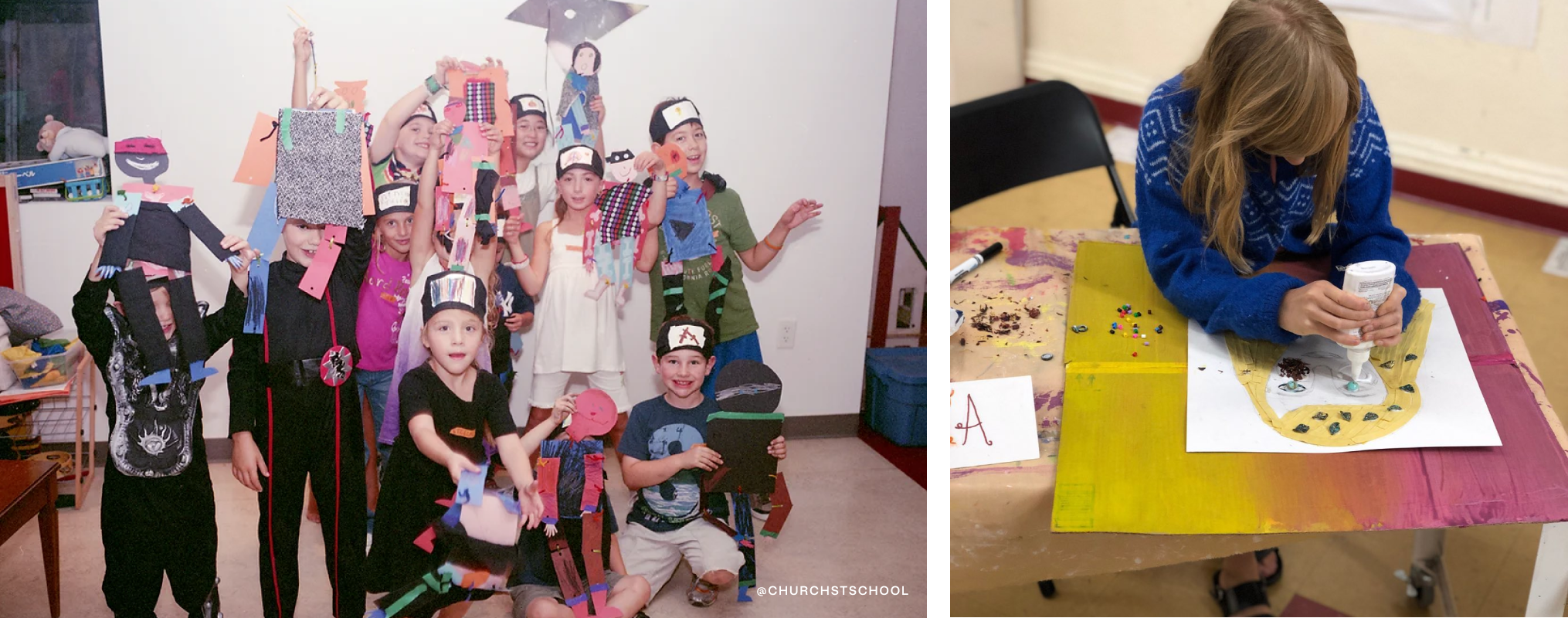 On left, a group of kids holding up crafts they made. On right, a girl squeezing glue onto a picture.