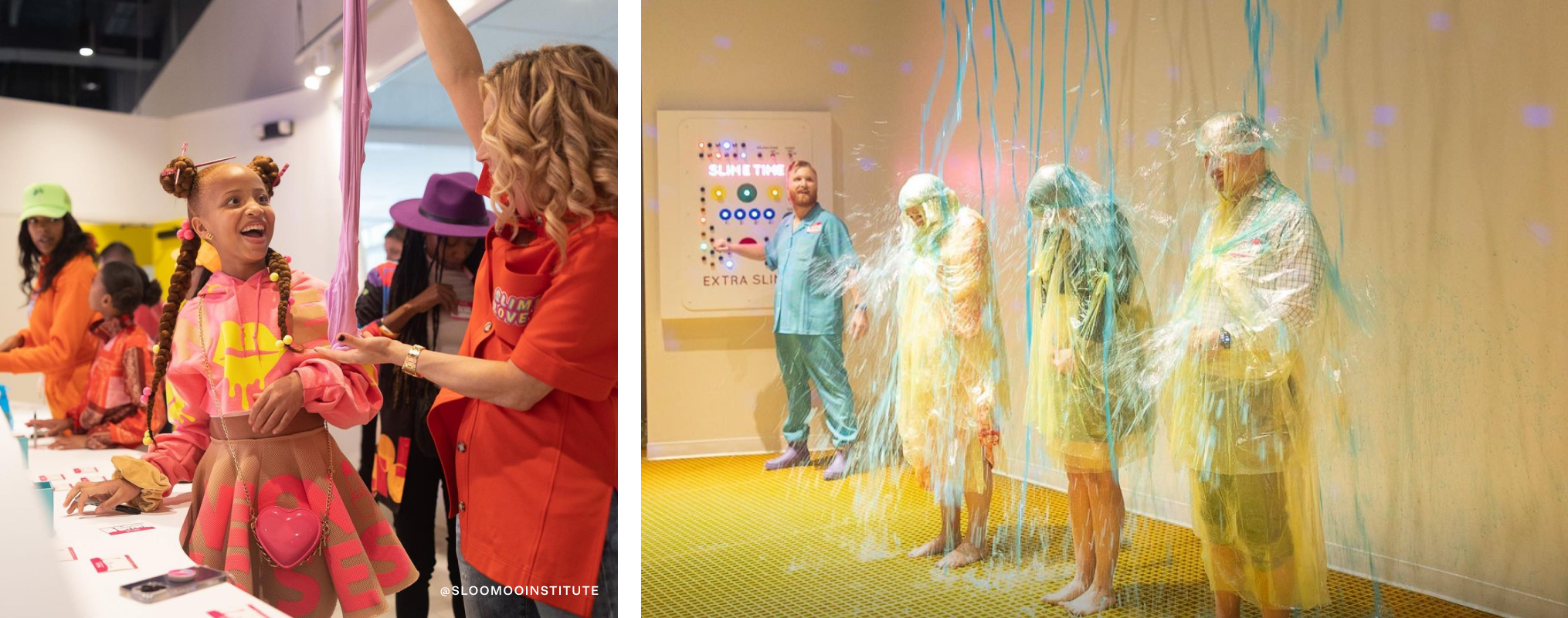 On left, a woman stretching a big piece of slime while a girl watches. On right, three people getting liquid slime dumped on them.