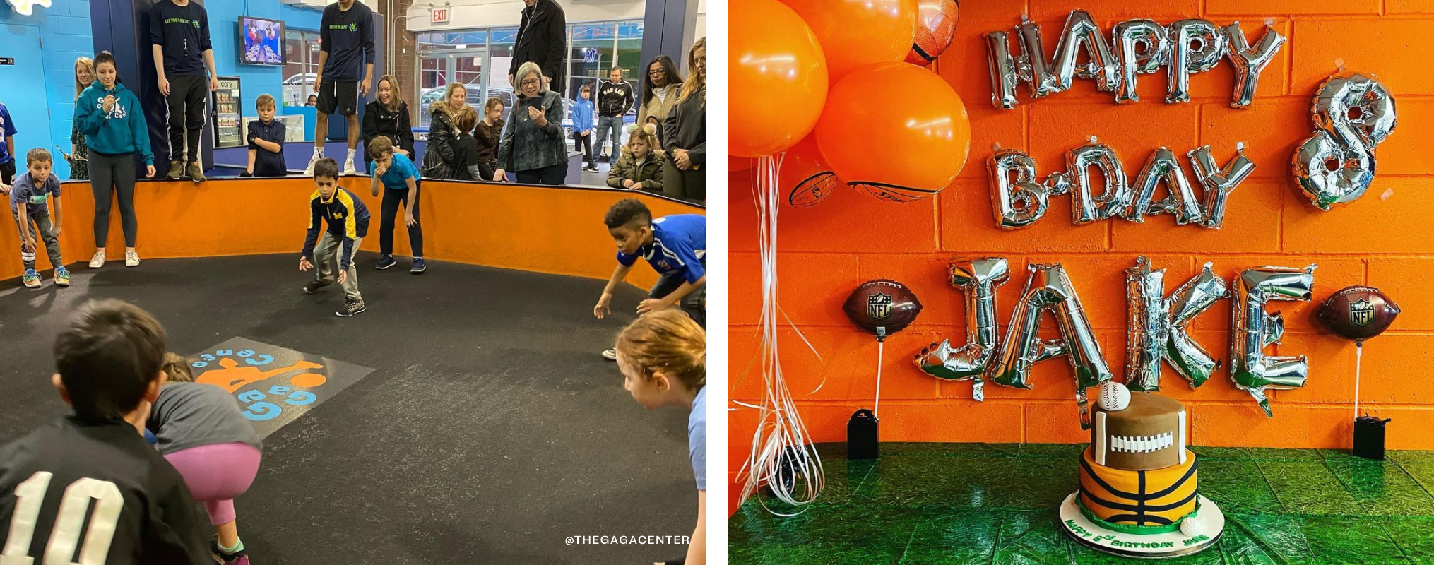 On left, kids playing a game in a ring. On right, a sports-themed cake with balloons in the background.