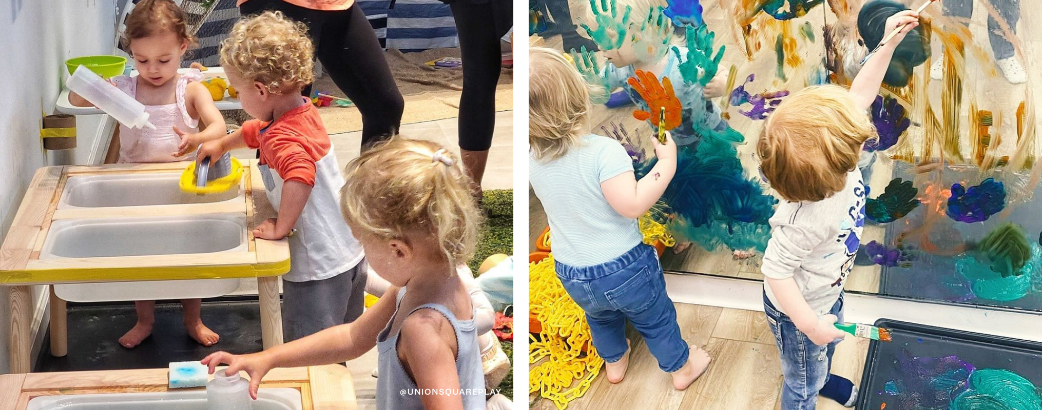 On left, kids playing at play sinks. On right, kids painting on a mirror.