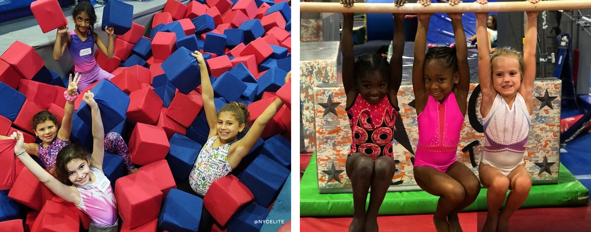 Images of kids playing at a gymnastics gym.