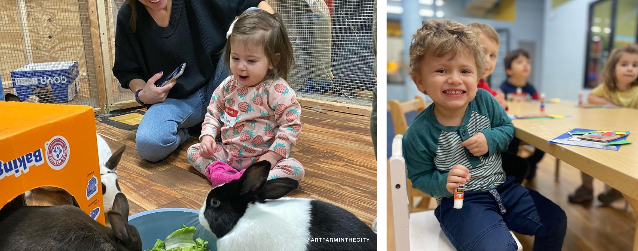 On left, a little girl in a pen with bunnies. On right, a little boy holding a glue stick and smiling.