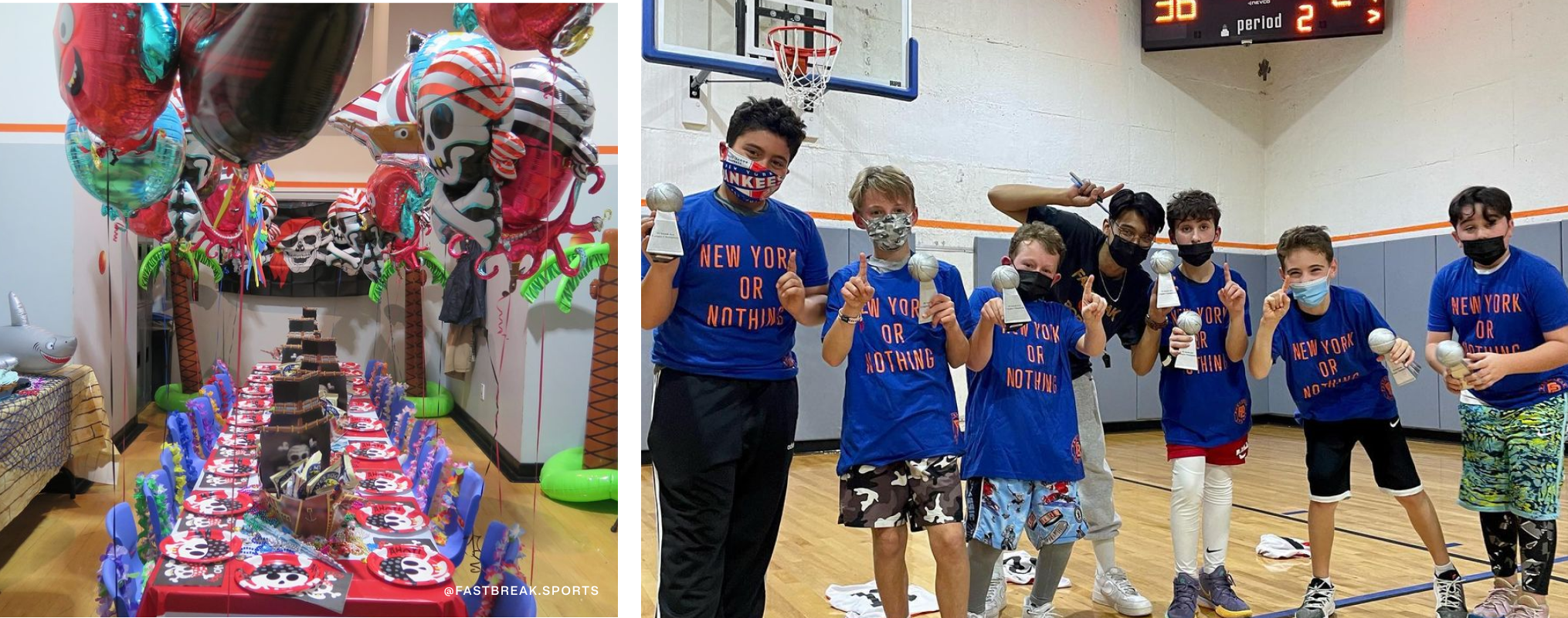 On left, a table set for a pirate-themed birthday party. On right, kids on a basketball court posing with trophies.