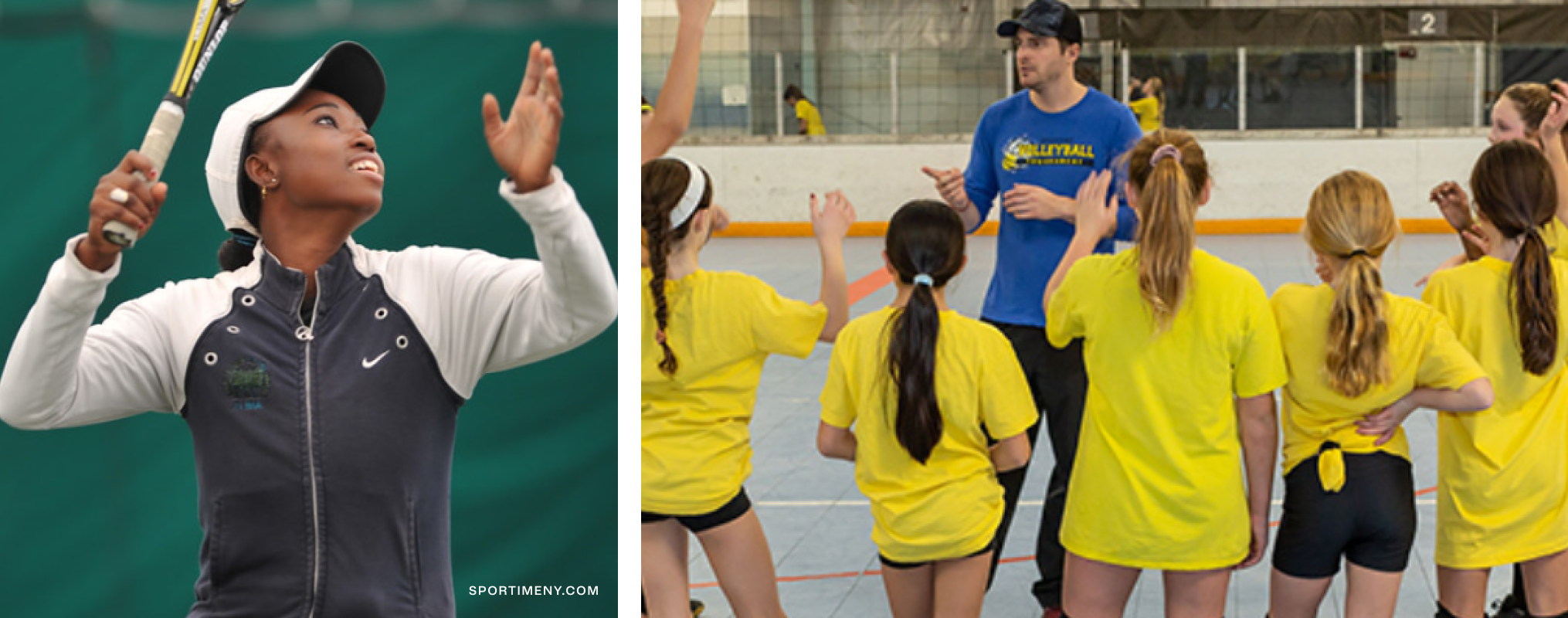 On left, a woman playing tennis. On right, a man explaining something to a group of young girls.