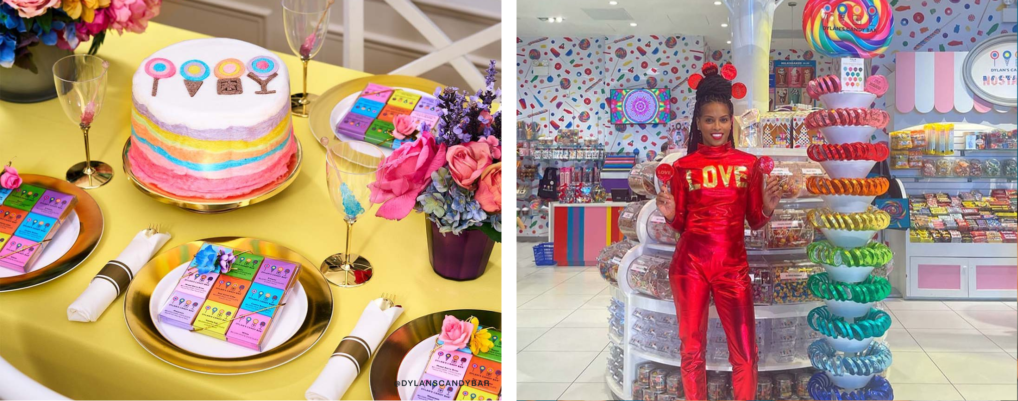 On left, a table with a colorful cake. On right, a woman posing with lollipops.