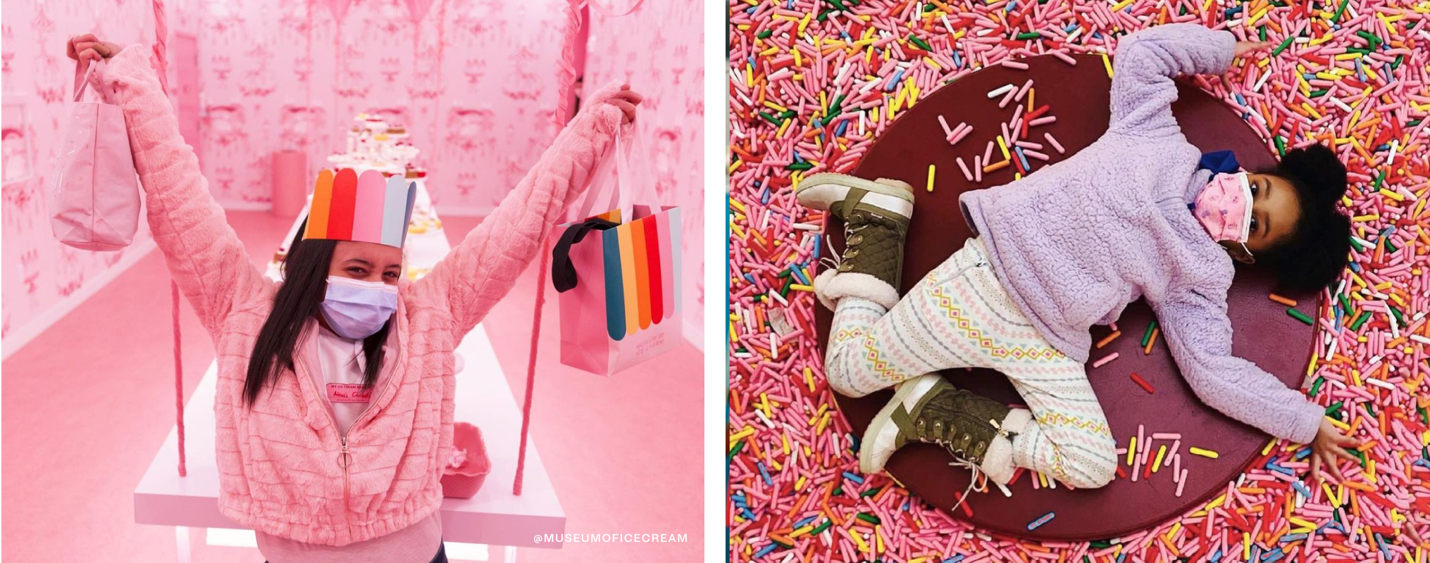 On left, a girl posing with gift bags. On right, a girl laying in a giant pool of sprinkles.