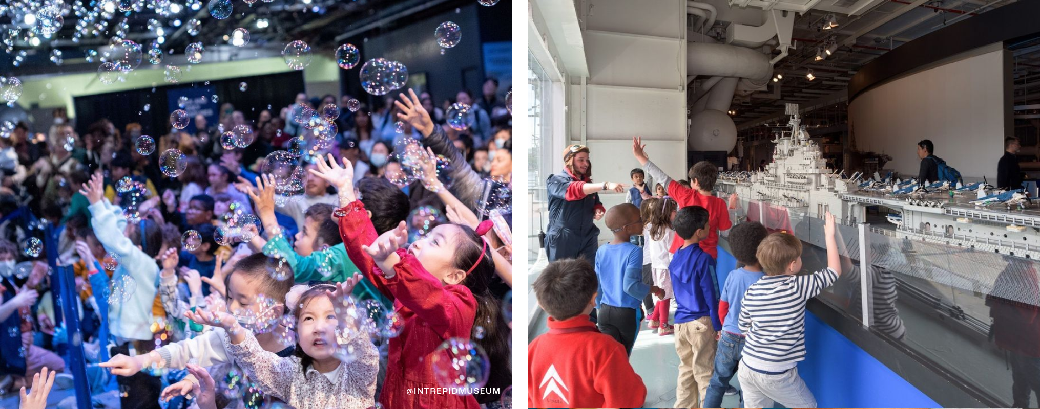 On left, kids reaching for bubbles. On right, kids looking at a giant ship replica.