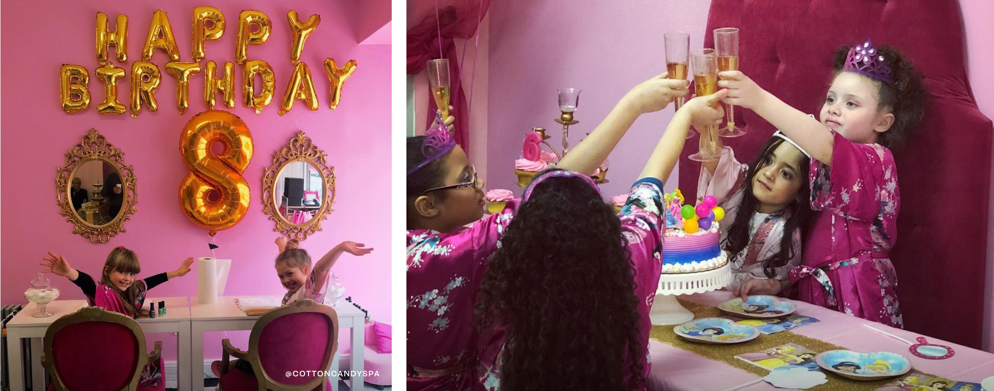 On left, kids sitting at a nail-painting station. On right, girls clinking glasses of juice over a colorful cake. 