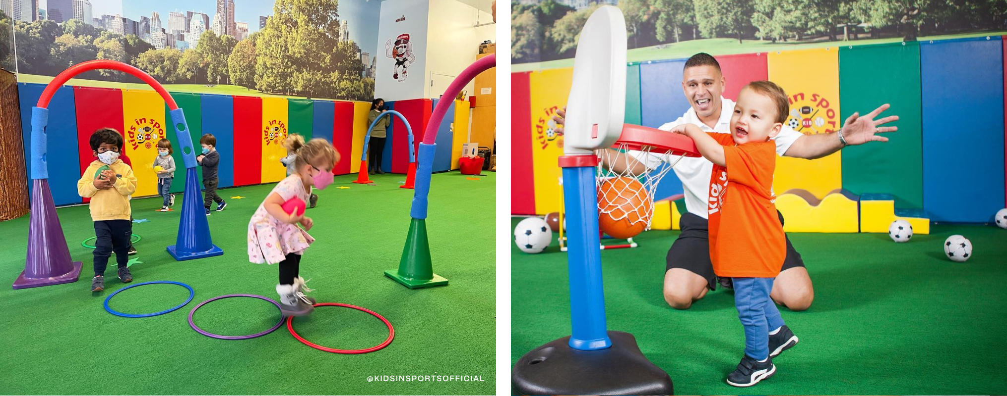 Kids playing with hoops, arches and a small basketball hoop.