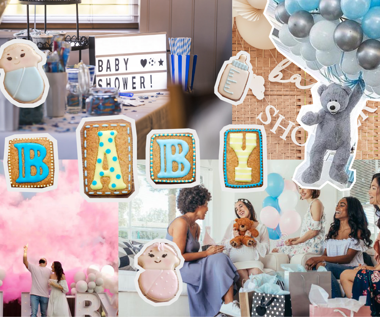 Collage of baby shower pictures.