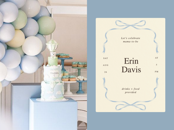 A baby shower with a blue color palette and accompanying invitation.