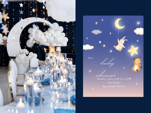 A celestial-themed baby shower with a corresponding invitation.