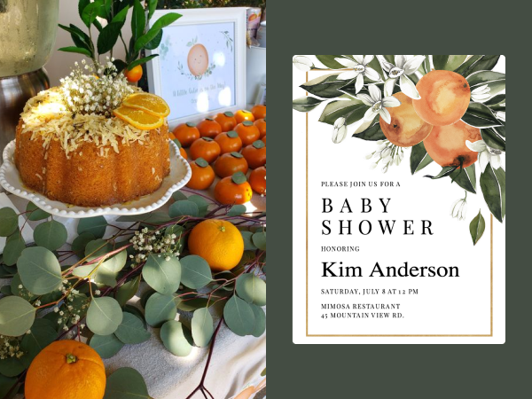 A dessert table at a baby shower with an accompanying citrus-themed invitation.